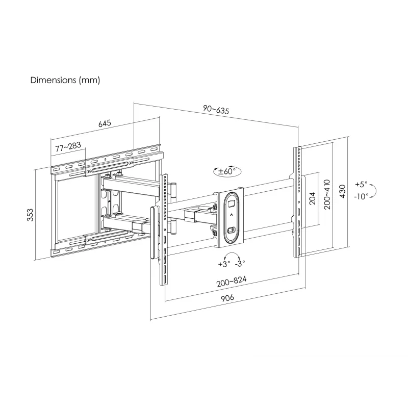 Equip 43 colių-100 colių pilno judėjimo televizoriaus tvirtinimo laikiklis, 200 x 200 mm, 800 x 400 mm, -10 - 5°, -60 - 60°, Plastikas, Nerūdijantis plienas, Juoda