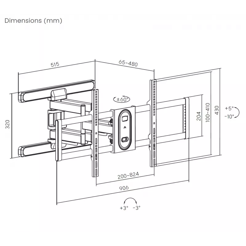 Equip 43 colių-100 colių pilno judėjimo televizoriaus tvirtinimo laikiklis, 200 x 200 mm, 800 x 400 mm, -10 - 5°, -60 - 60°, Plastikas, Nerūdijantis plienas, Juoda