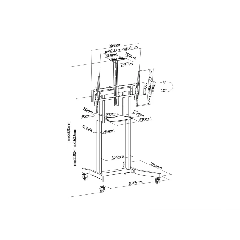 Equip mobilus motorizuotas LFD vežimėlis 55-100 colių, 2,54 m (100 colių), 200 x 200 mm, 800 x 600 mm, -10 - 5°, aliuminis, plastikas, nerūdijantis plienas, juoda