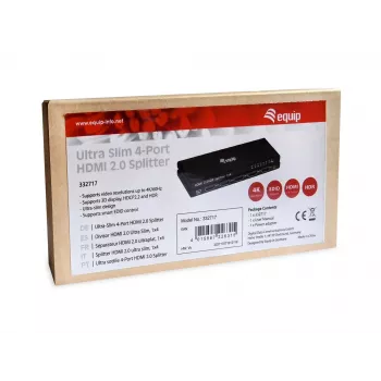 Equip Ultra plonas 4 prievadų HDMI 2.0 skirstytuvas, HDMI, 4x HDMI, 3840 x 2160 pikselių, juoda, aliuminis, 4K Ultra HD