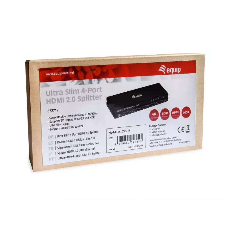 Equip Ultra plonas 4 prievadų HDMI 2.0 skirstytuvas, HDMI, 4x HDMI, 3840 x 2160 pikselių, juoda, aliuminis, 4K Ultra HD