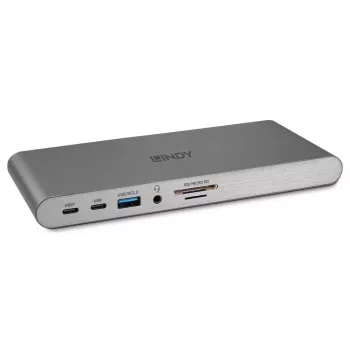 Lindy DST-Pro 5K XT, USB-C nešiojamojo kompiuterio dokinimo stotelė su trigubu ekranu (4K) arba vienu ekranu (5K) ir 100 W pralaidiniu įkrovimu