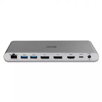 Lindy DST-Pro 5K XT, USB-C nešiojamojo kompiuterio dokinimo stotelė su trigubu ekranu (4K) arba vienu ekranu (5K) ir 100 W pralaidiniu įkrovimu