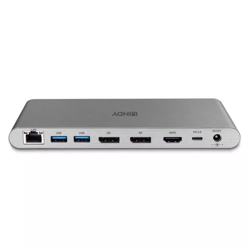 Lindy DST-Pro 5K XT, USB-C nešiojamojo kompiuterio dokinimo stotelė su trigubu ekranu (4K) arba vienu ekranu (5K) ir 100 W pralaidiniu įkrovimu