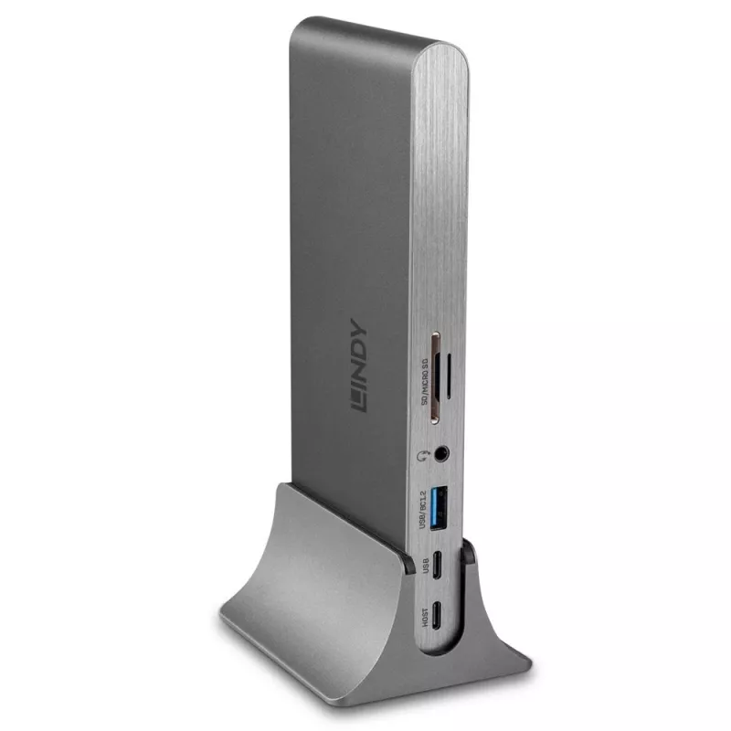 Lindy DST-Pro 5K XT, USB-C nešiojamojo kompiuterio dokinimo stotelė su trigubu ekranu (4K) arba vienu ekranu (5K) ir 100 W pralaidiniu įkrovimu