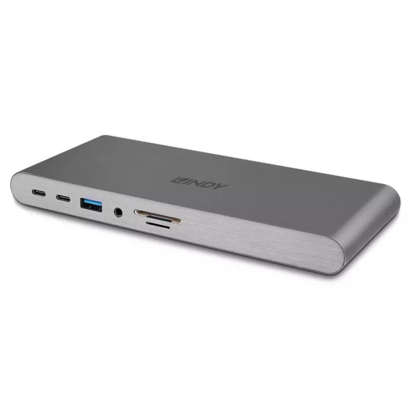 Lindy DST-Pro 5K XT, USB-C nešiojamojo kompiuterio dokinimo stotelė su trigubu ekranu (4K) arba vienu ekranu (5K) ir 100 W pralaidiniu įkrovimu