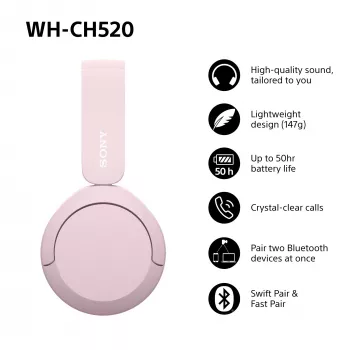 Sony WHCH520P.CE7, belaidžiai, 20 - 20000 Hz, skambučiai/muzika, 147 g, ausinės, rožinė