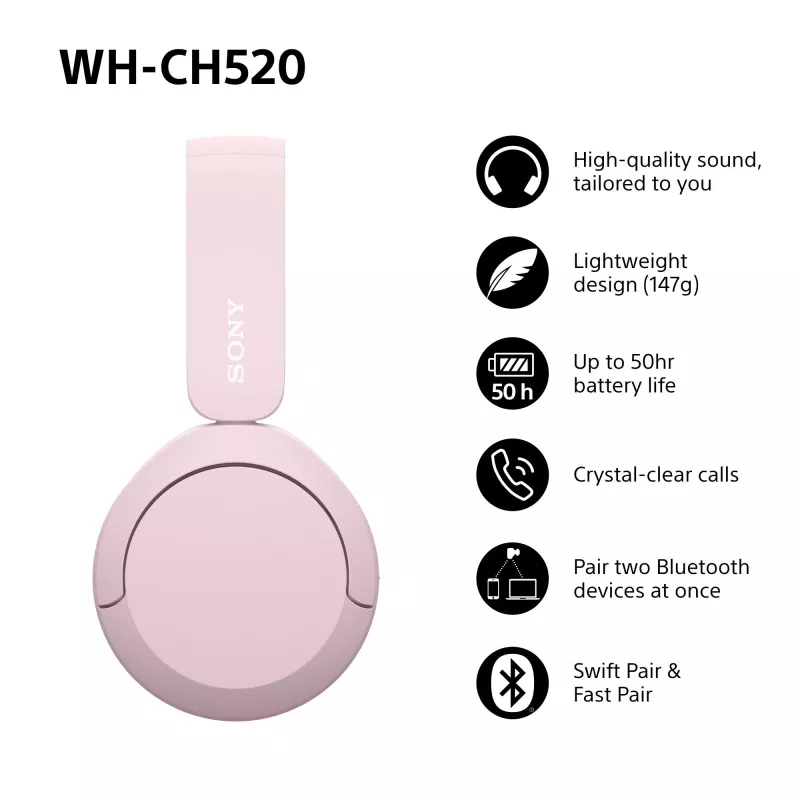 Sony WHCH520P.CE7, belaidžiai, 20 - 20000 Hz, skambučiai/muzika, 147 g, ausinės, rožinė