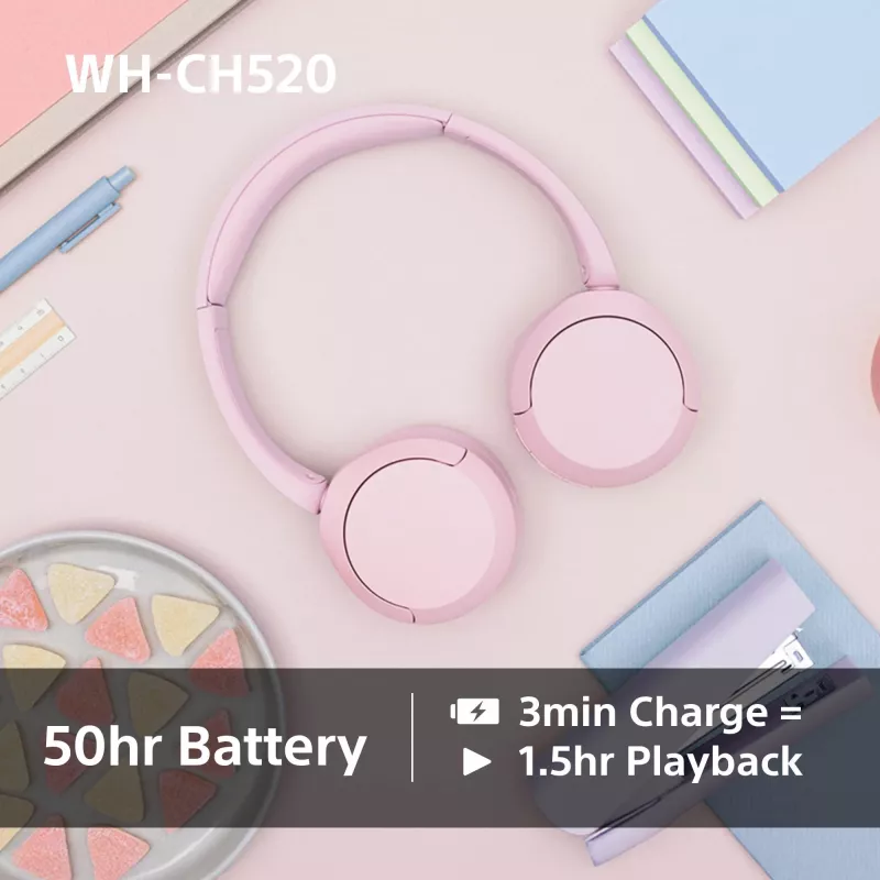 Sony WHCH520P.CE7, belaidžiai, 20 - 20000 Hz, skambučiai/muzika, 147 g, ausinės, rožinė