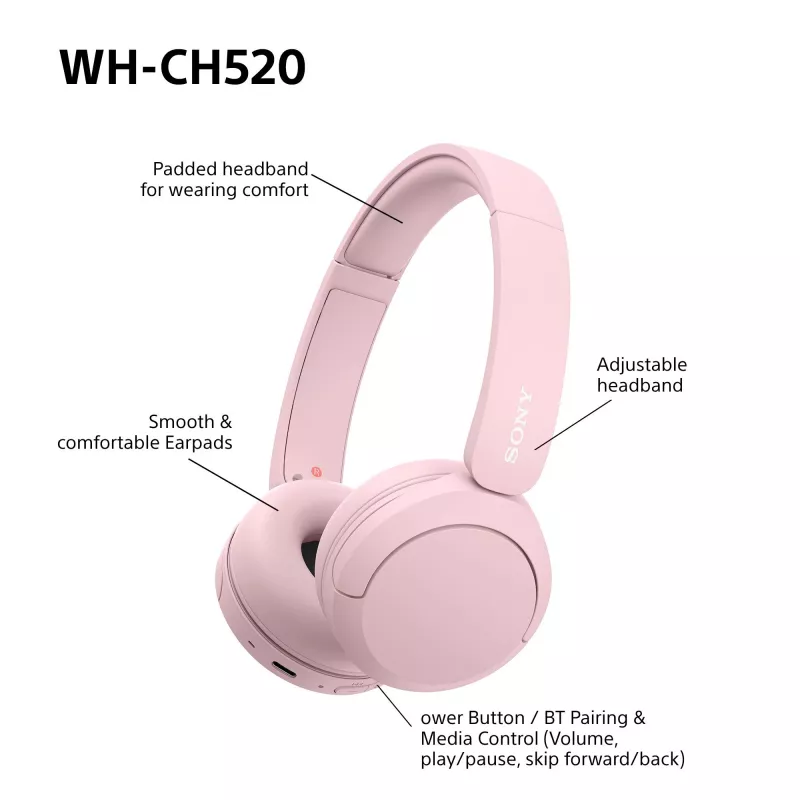 Sony WHCH520P.CE7, belaidžiai, 20 - 20000 Hz, skambučiai/muzika, 147 g, ausinės, rožinė