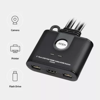 ATEN 2 prievadų USB FHD HDMI kabelinis KVM komutatorius, 1920 x 1200 pikselių, Full HD, 1,518 W, juodas
