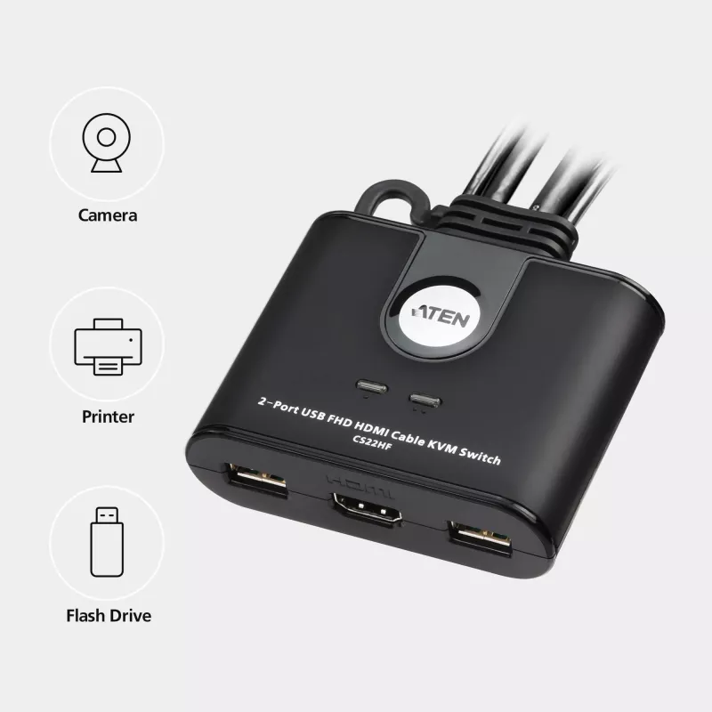 ATEN 2 prievadų USB FHD HDMI kabelinis KVM komutatorius, 1920 x 1200 pikselių, Full HD, 1,518 W, juodas