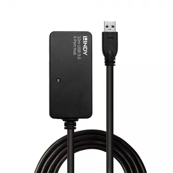 Lindy 10m USB 3.0 Active Extension Pro Hub, USB 3.2 Gen 1 (3.1 Gen 1) Type-A, USB 3.2 Gen 1 (3.1 Gen 1) Type-A, 5000 Mbit/s, Juoda, Plastikas, Apvalus kabelis