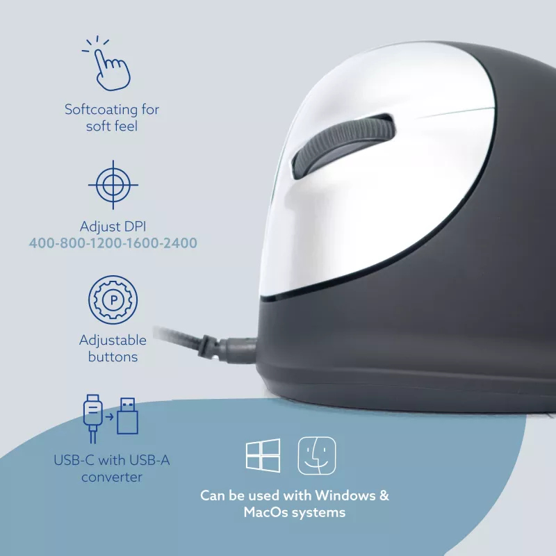 R-Go Tools Ergonominė pelė R-Go HE Break su pertraukų programine įranga, vidutinė (plaštakos dydis 165-185 mm), kairiarankiams, laidinė, juoda