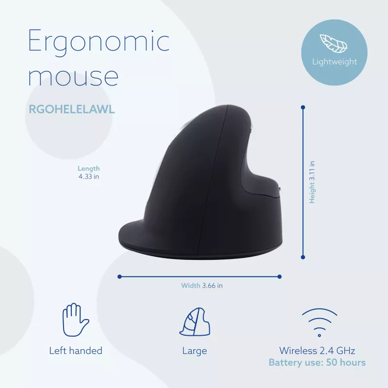 R-Go Tools ergonominė pelė R-Go HE Break su pertraukų programine įranga, didelė (plaštakos dydis ≥ 185 mm), kairiarankiams, Bluetooth, juoda