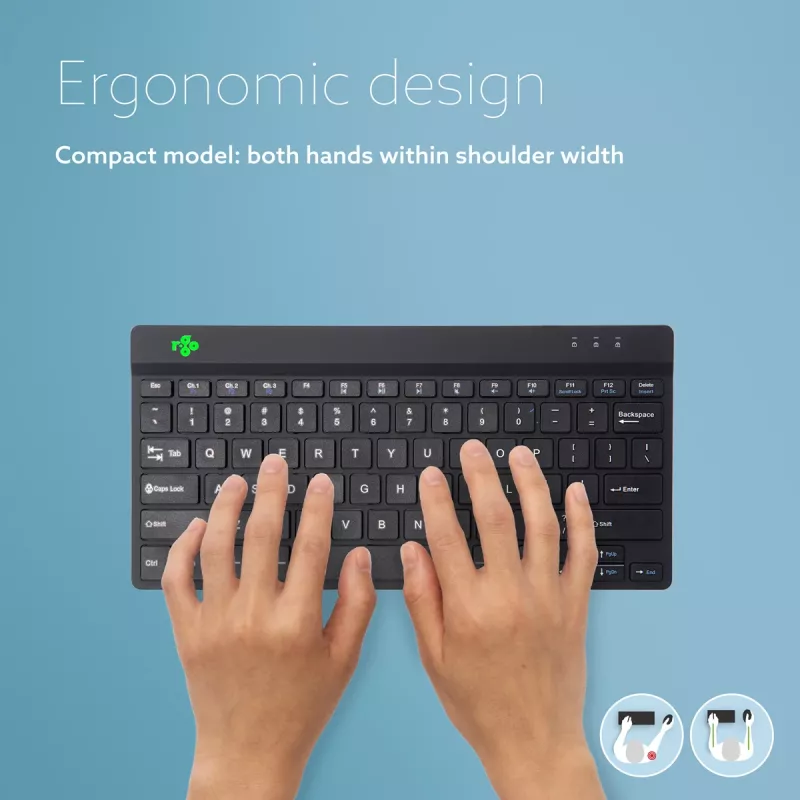 R-Go Tools Ergonominė klaviatūra R-Go Compact Break, kompaktiška klaviatūra su pertraukų programine įranga, QWERTY (US), Bluetooth, juoda