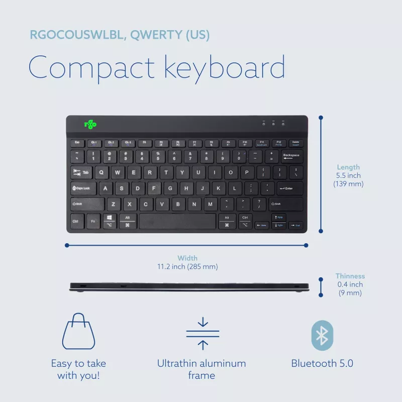 R-Go Tools Ergonominė klaviatūra R-Go Compact Break, kompaktiška klaviatūra su pertraukų programine įranga, QWERTY (US), Bluetooth, juoda