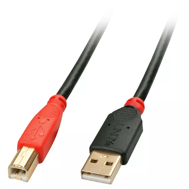 Lindy 10 m USB 2.0 Type A to B aktyvusis kabelis, 10 m, USB A, USB B, USB 2.0, Vyriška/Vyriška, Juoda, Raudona