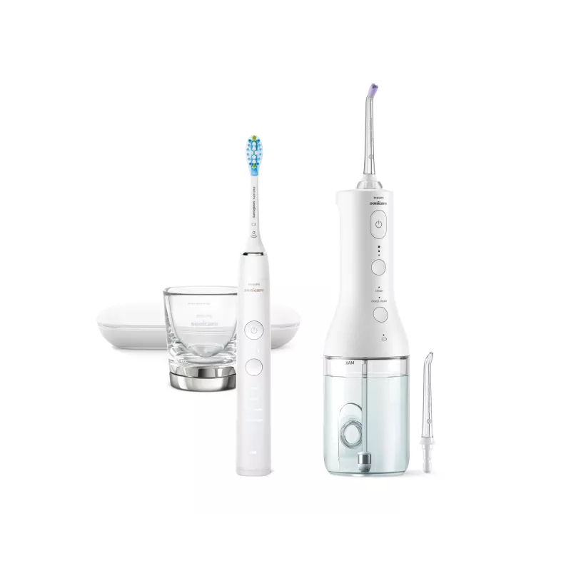 Philips Cordless Power Flosser HX3886/41 DiamondClean 9000, suaugusiesiems, soninis elektrinis dantų šepetėlis, kasdienė priežiūra, gilus valymas, dantenų priežiūra, balinimas, baltas, baterija, įmontuota baterija