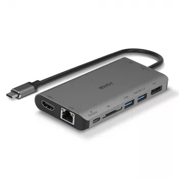 Lindy DST-Mini XT, USB-C nešiojamojo kompiuterio mini dokinė stotelė su vienu ekranu (4K) arba dviem ekranais (Full HD) ir 100 W praėjimo krovimu