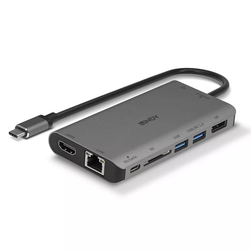 Lindy DST-Mini XT, USB-C nešiojamojo kompiuterio mini dokinė stotelė su vienu ekranu (4K) arba dviem ekranais (Full HD) ir 100 W praėjimo krovimu