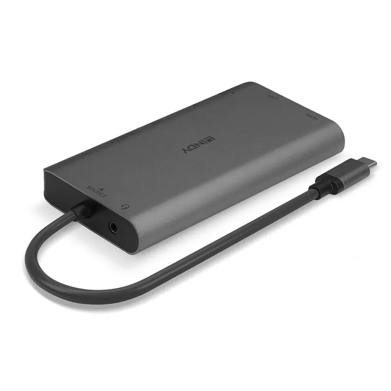 Lindy DST-Mini XT, USB-C nešiojamojo kompiuterio mini dokinė stotelė su vienu ekranu (4K) arba dviem ekranais (Full HD) ir 100 W praėjimo krovimu