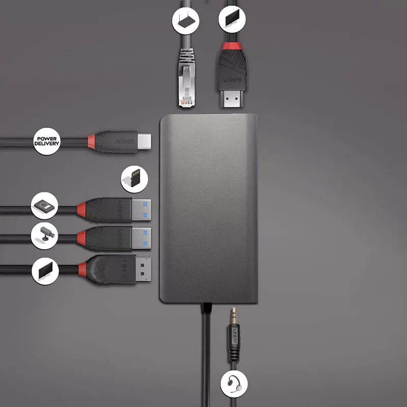 Lindy DST-Mini XT, USB-C nešiojamojo kompiuterio mini dokinė stotelė su vienu ekranu (4K) arba dviem ekranais (Full HD) ir 100 W praėjimo krovimu