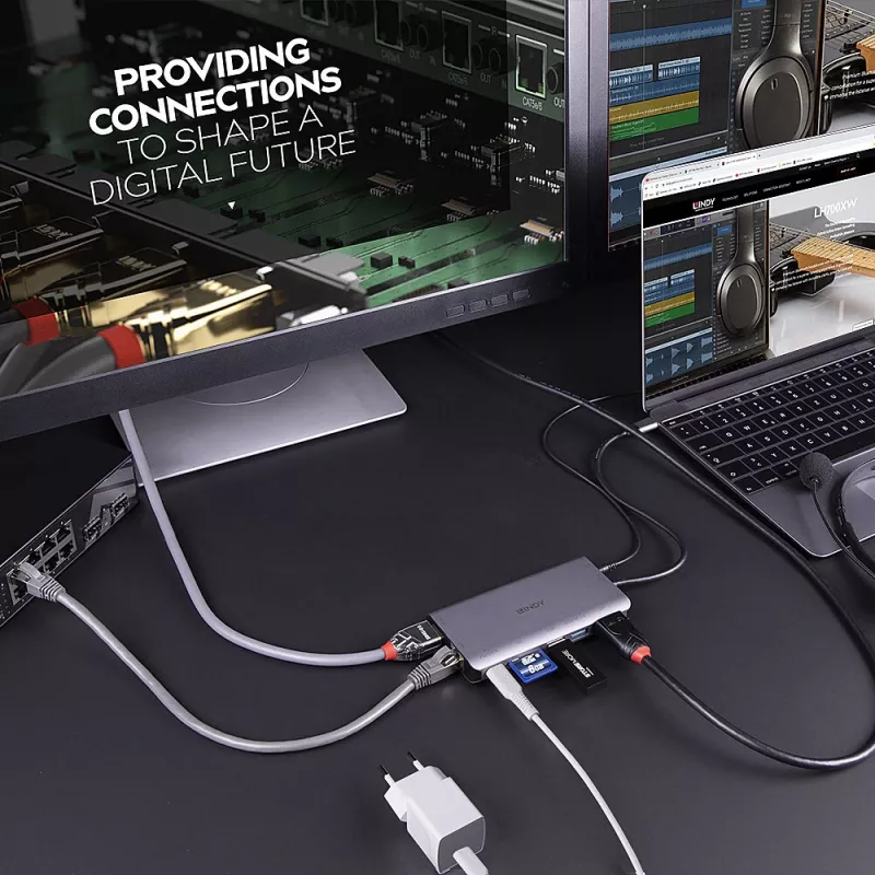 Lindy DST-Mini XT, USB-C nešiojamojo kompiuterio mini dokinė stotelė su vienu ekranu (4K) arba dviem ekranais (Full HD) ir 100 W praėjimo krovimu