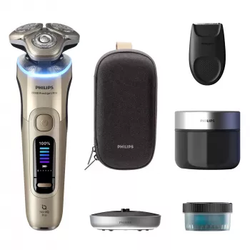 Elektrinis barzdaskutė Philips i9000 Prestige Ultra XP9403 — 3 galvučių rotacinė, SkinIQ Pro, sausam ir šlapiam skutimuisi, baterija, valymo stotis, auksinė