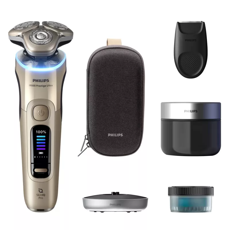 Elektrinis barzdaskutė Philips i9000 Prestige Ultra XP9403 — 3 galvučių rotacinė, SkinIQ Pro, sausam ir šlapiam skutimuisi, baterija, valymo stotis, auksinė