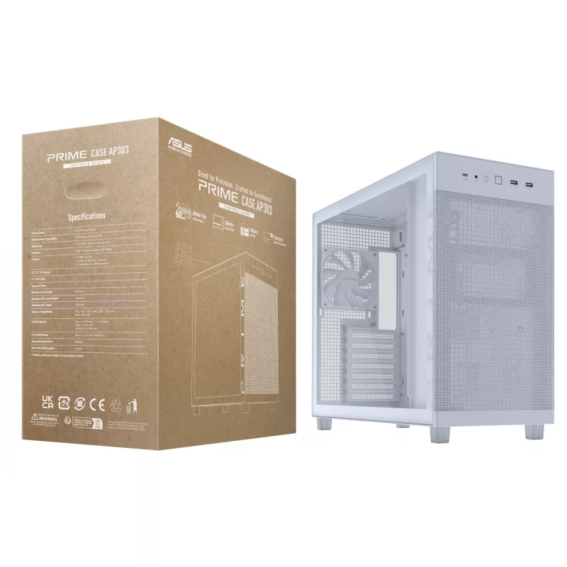 PC korpusas ASUS PRIME AP303 TG White — ATX/Micro-ATX/Mini-ITX, grūdintas stiklas, USB-C, 360 mm GPU palaikymas