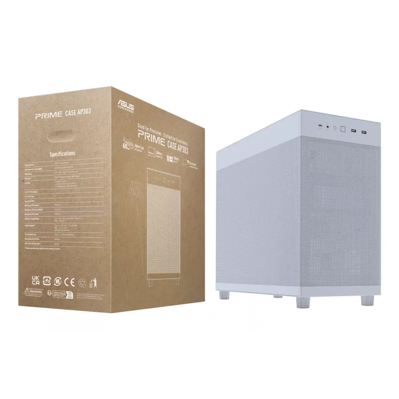 PC korpusas ASUS PRIME AP303 Mesh Midi Tower baltas — ATX/Micro ATX/Mini-ITX, GPU iki 36 cm, PSU iki 18 cm, CPU aušintuvo aukštis 16,5 cm