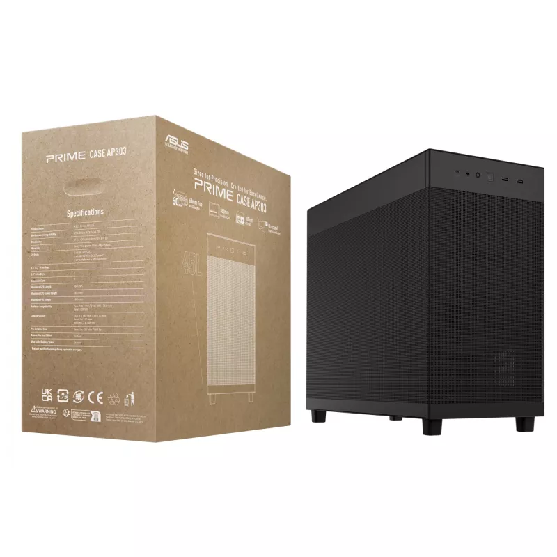 Kompiuterio korpusas ASUS Prime AP303 Mesh Midi Tower — ATX, palaiko GPU 36 cm, CPU aušintuvą 165 mm, USB-A 2×, USB-C 1