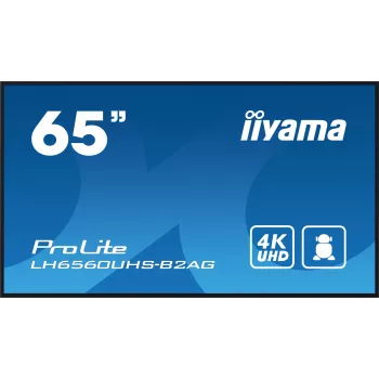„iiyama LH6560UHS-B2AG“ reklaminis ekranas, skaitmeninė lenta, 163,8 cm (64,5 colio), LED, „Wi-Fi“, 500 cd/m², 4K „Ultra HD“, juoda, įmontuotas procesorius, „Android 11“, 24/7