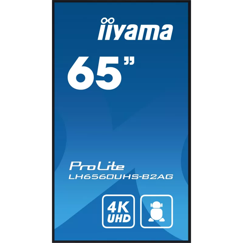 „iiyama LH6560UHS-B2AG“ reklaminis ekranas, skaitmeninė lenta, 163,8 cm (64,5 colio), LED, „Wi-Fi“, 500 cd/m², 4K „Ultra HD“, juoda, įmontuotas procesorius, „Android 11“, 24/7