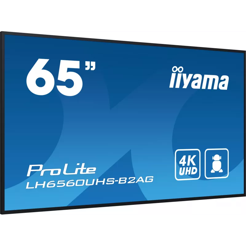 „iiyama LH6560UHS-B2AG“ reklaminis ekranas, skaitmeninė lenta, 163,8 cm (64,5 colio), LED, „Wi-Fi“, 500 cd/m², 4K „Ultra HD“, juoda, įmontuotas procesorius, „Android 11“, 24/7