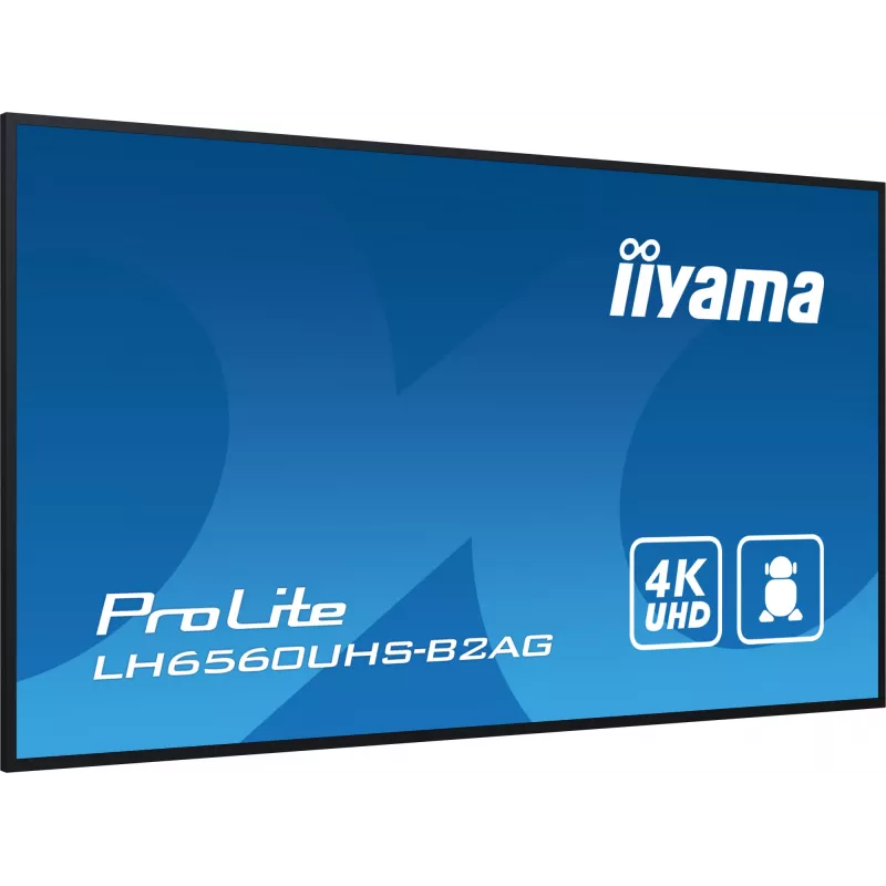 „iiyama LH6560UHS-B2AG“ reklaminis ekranas, skaitmeninė lenta, 163,8 cm (64,5 colio), LED, „Wi-Fi“, 500 cd/m², 4K „Ultra HD“, juoda, įmontuotas procesorius, „Android 11“, 24/7
