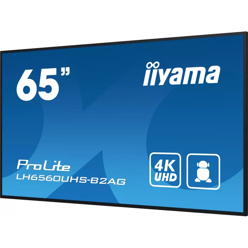 „iiyama LH6560UHS-B2AG“ reklaminis ekranas, skaitmeninė lenta, 163,8 cm (64,5 colio), LED, „Wi-Fi“, 500 cd/m², 4K „Ultra HD“, juoda, įmontuotas procesorius, „Android 11“, 24/7