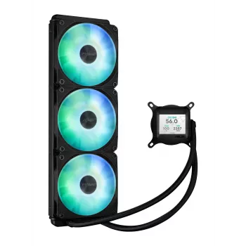 Skysčio aušinimo sistema ASUS Prime LC 360 ARGB LCD — 360 mm radiatorius, 3x 120 mm ventiliatoriai, LCD, PWM, juoda