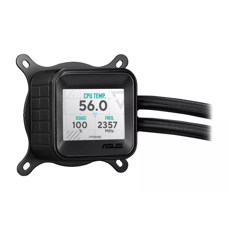 Skysčio aušinimo sistema ASUS Prime LC 360 ARGB LCD — 360 mm radiatorius, 3x 120 mm ventiliatoriai, LCD, PWM, juoda