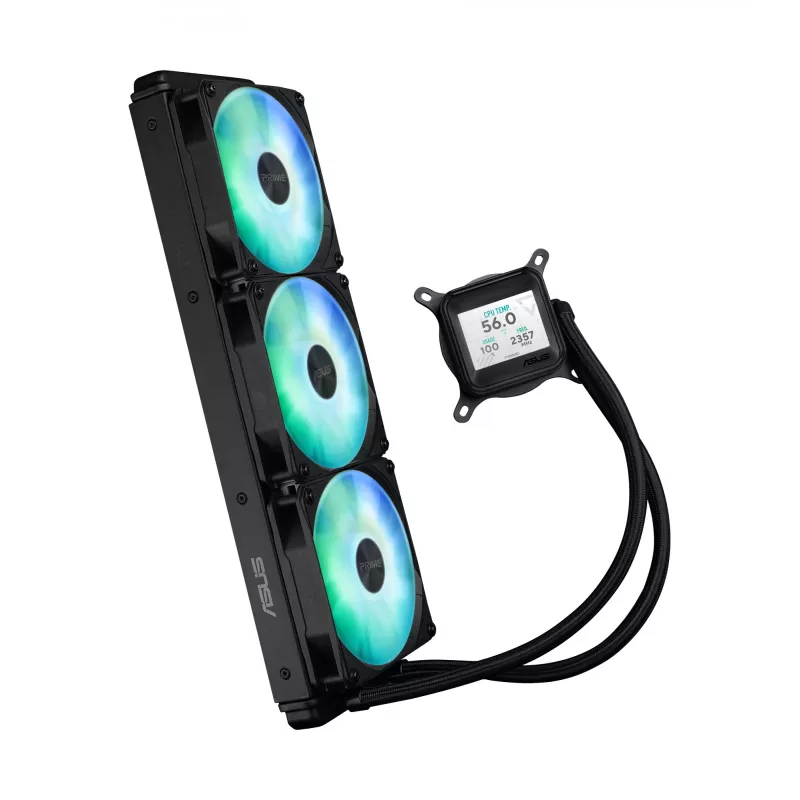 Skysčio aušinimo sistema ASUS Prime LC 360 ARGB LCD — 360 mm radiatorius, 3x 120 mm ventiliatoriai, LCD, PWM, juoda