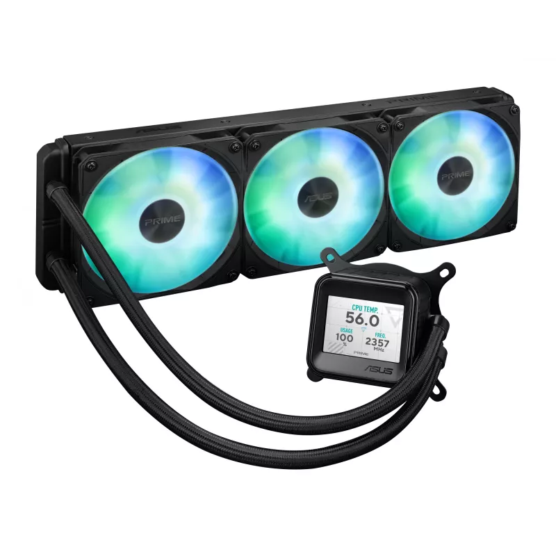 Skysčio aušinimo sistema ASUS Prime LC 360 ARGB LCD — 360 mm radiatorius, 3x 120 mm ventiliatoriai, LCD, PWM, juoda