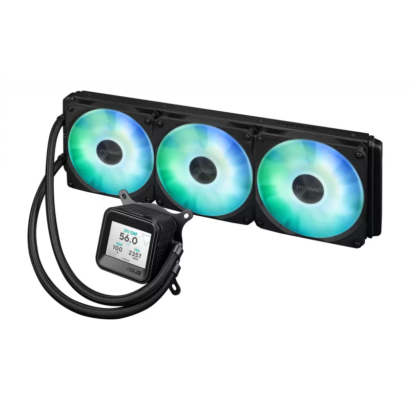 Skysčio aušinimo sistema ASUS Prime LC 360 ARGB LCD — 360 mm radiatorius, 3x 120 mm ventiliatoriai, LCD, PWM, juoda