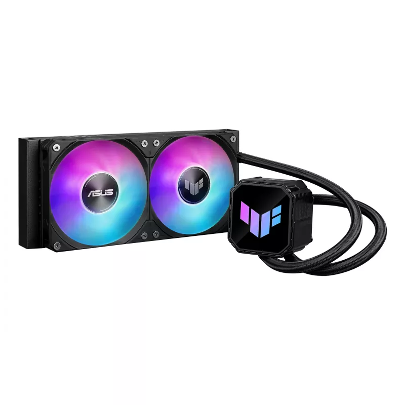 All-in-one skysčio aušintuvas ASUS TUF GAMING LC III 240 ARGB — 240 mm radiatorius, 2 x 120 mm ARGB ventiliatoriai, Socket AM5 palaikymas, juoda
