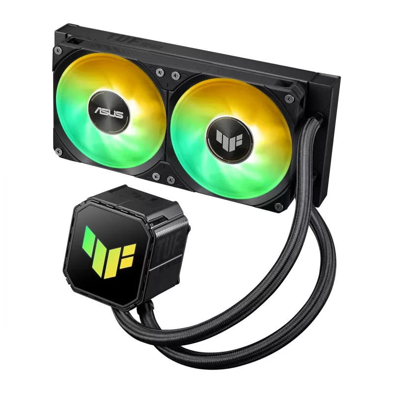All-in-one skysčio aušintuvas ASUS TUF GAMING LC III 240 ARGB — 240 mm radiatorius, 2 x 120 mm ARGB ventiliatoriai, Socket AM5 palaikymas, juoda