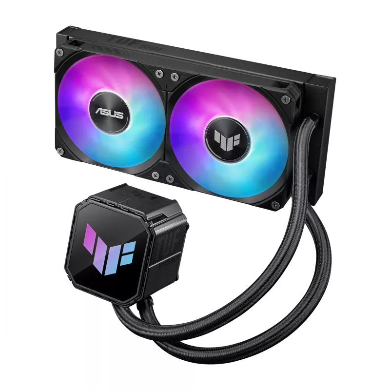 All-in-one skysčio aušintuvas ASUS TUF GAMING LC III 240 ARGB — 240 mm radiatorius, 2 x 120 mm ARGB ventiliatoriai, Socket AM5 palaikymas, juoda
