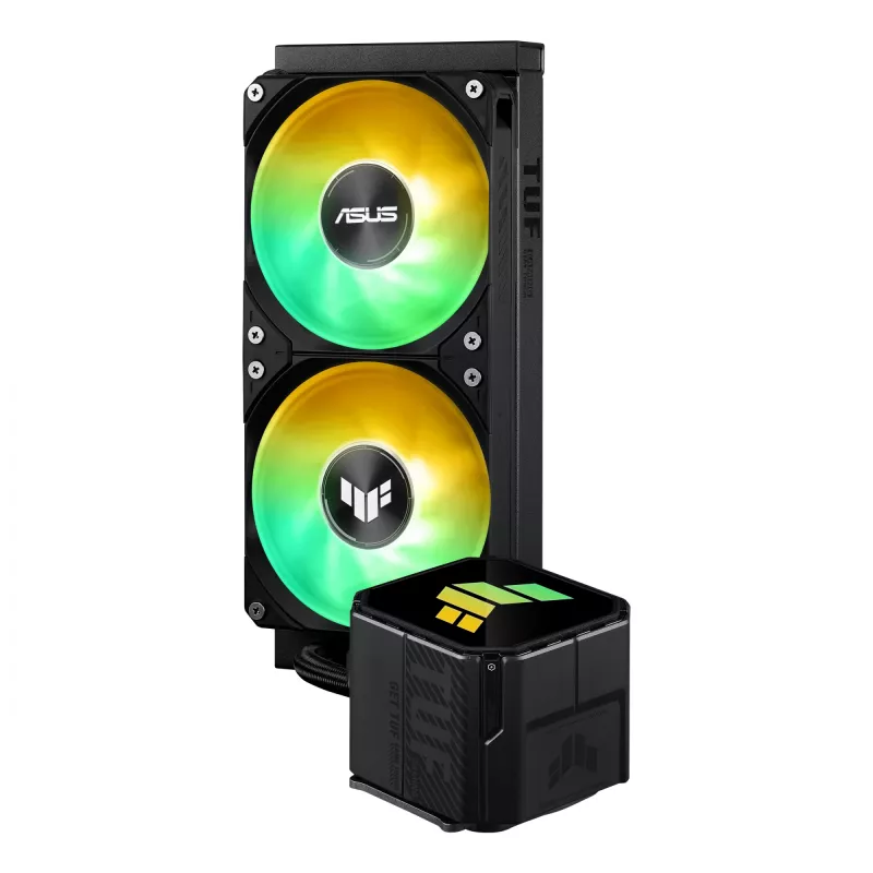 All-in-one skysčio aušintuvas ASUS TUF GAMING LC III 240 ARGB — 240 mm radiatorius, 2 x 120 mm ARGB ventiliatoriai, Socket AM5 palaikymas, juoda