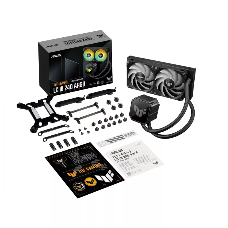 All-in-one skysčio aušintuvas ASUS TUF GAMING LC III 240 ARGB — 240 mm radiatorius, 2 x 120 mm ARGB ventiliatoriai, Socket AM5 palaikymas, juoda