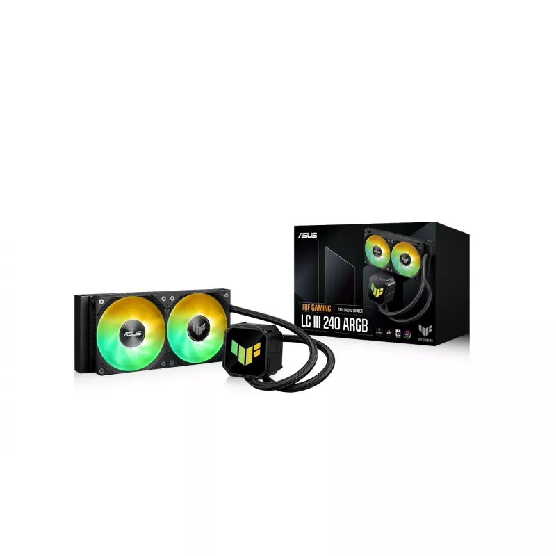 All-in-one skysčio aušintuvas ASUS TUF GAMING LC III 240 ARGB — 240 mm radiatorius, 2 x 120 mm ARGB ventiliatoriai, Socket AM5 palaikymas, juoda