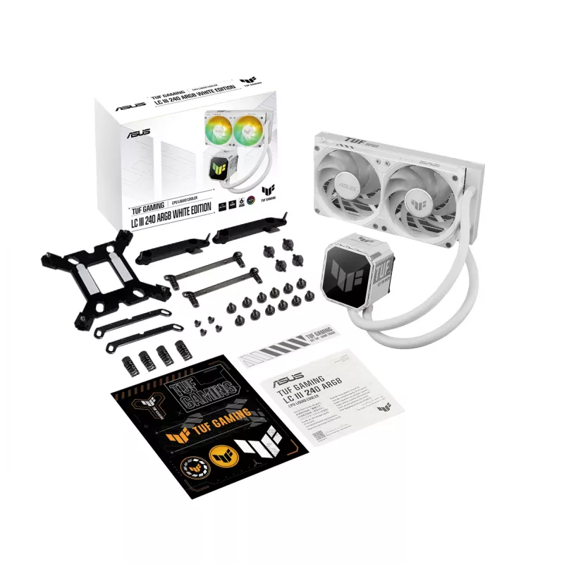 „All-in-one“ skysčio aušintuvas ASUS TUF GAMING LC III 240 ARGB WHT – 240 mm radiatorius, 2x 120 mm ventiliatoriai, PWM, balta